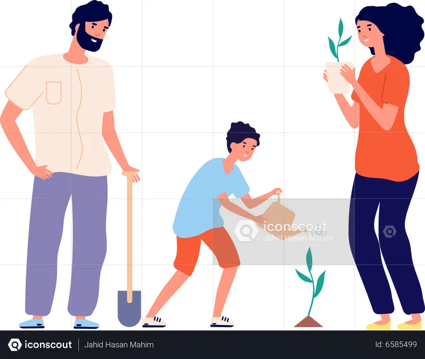 Familia plantando árboles juntos  Ilustración