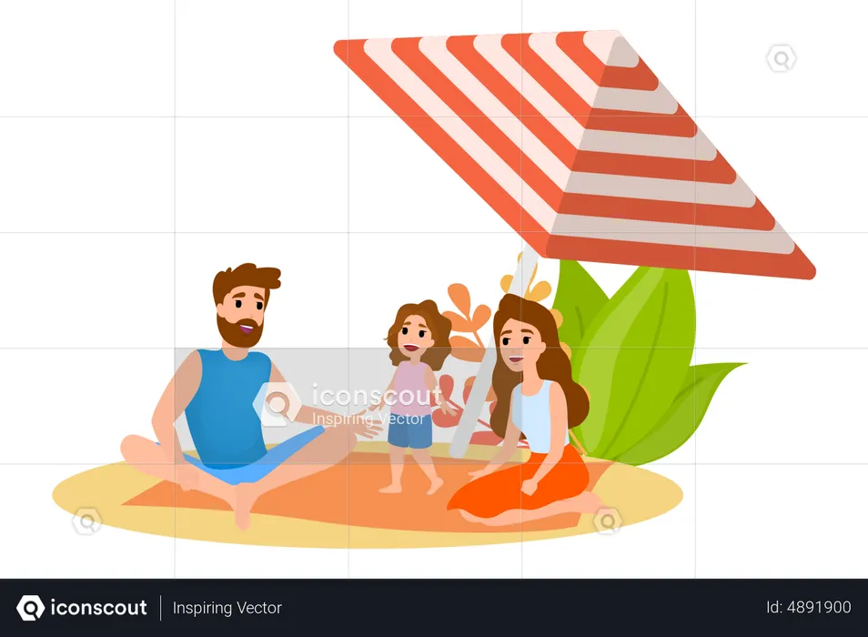 Família relaxa na praia  Ilustração