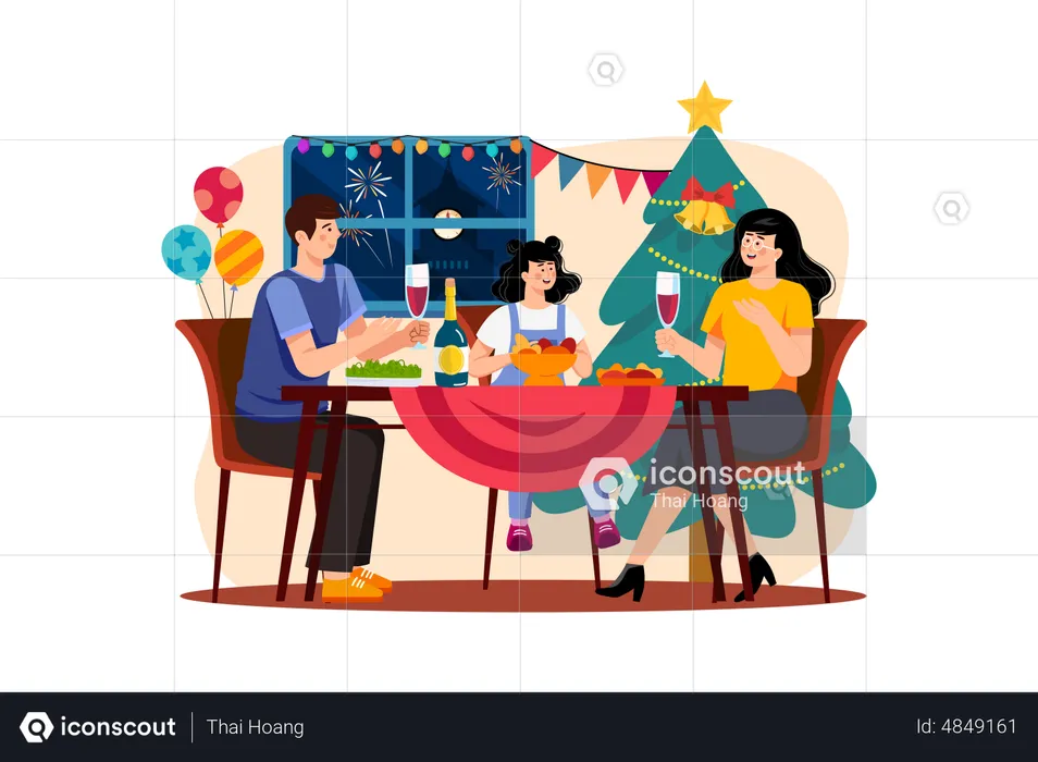 Familia cenando juntos navidad  Ilustración