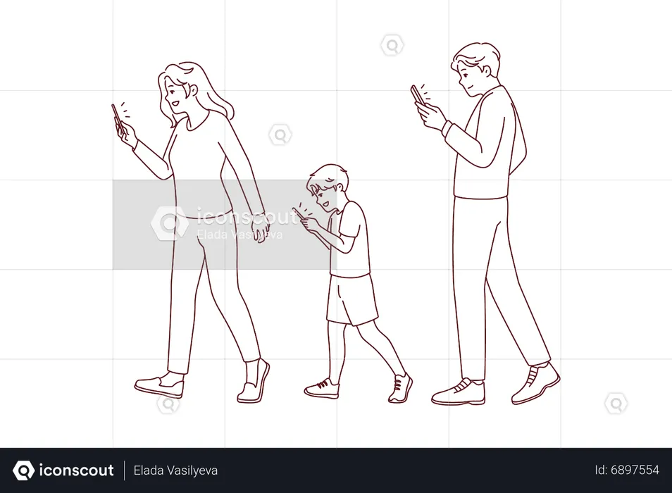 Familia usando el teléfono mientras camina  Ilustración