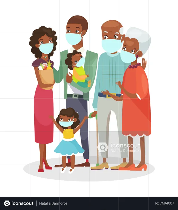 Familia usando mascarilla para protegerse del virus covid  Ilustración