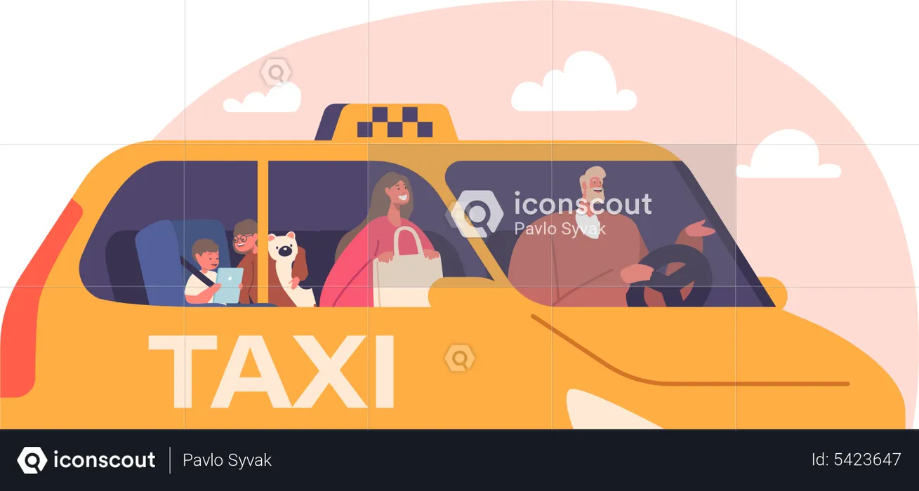 Familia que utiliza el servicio de taxi automóvil  Ilustración