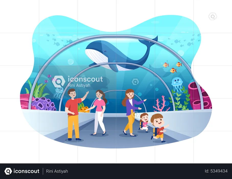 Baleia de vista familiar no aquário de peixes  Ilustração