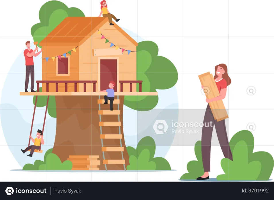 Familie baut gemeinsam ein Baumhaus  Illustration