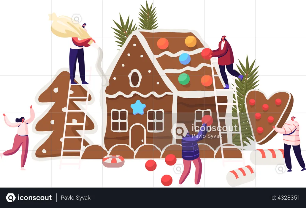 Familie dekoriert weihnachtliches Lebkuchenhaus  Illustration