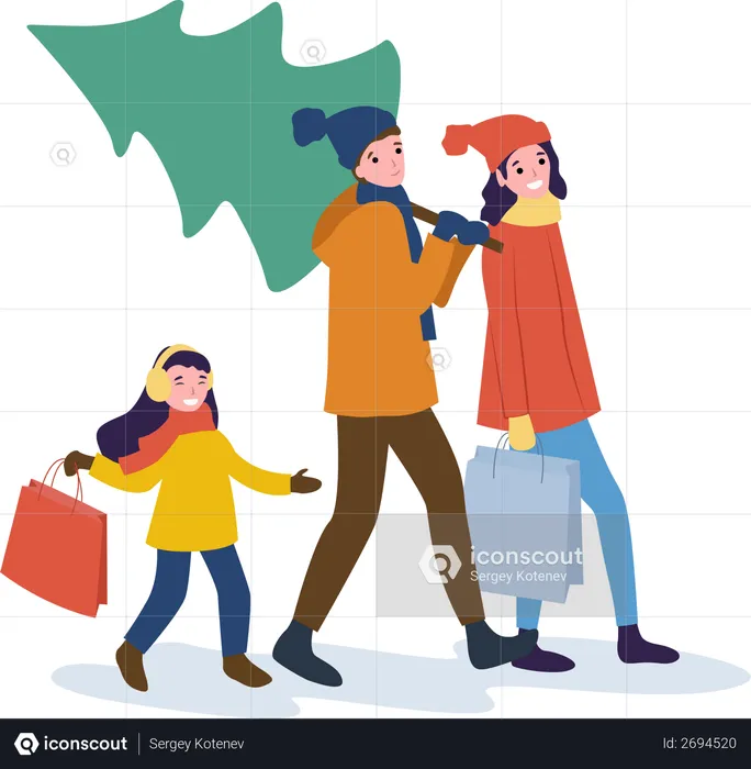 Familie geht mit Weihnachtsbaum nach Hause  Illustration