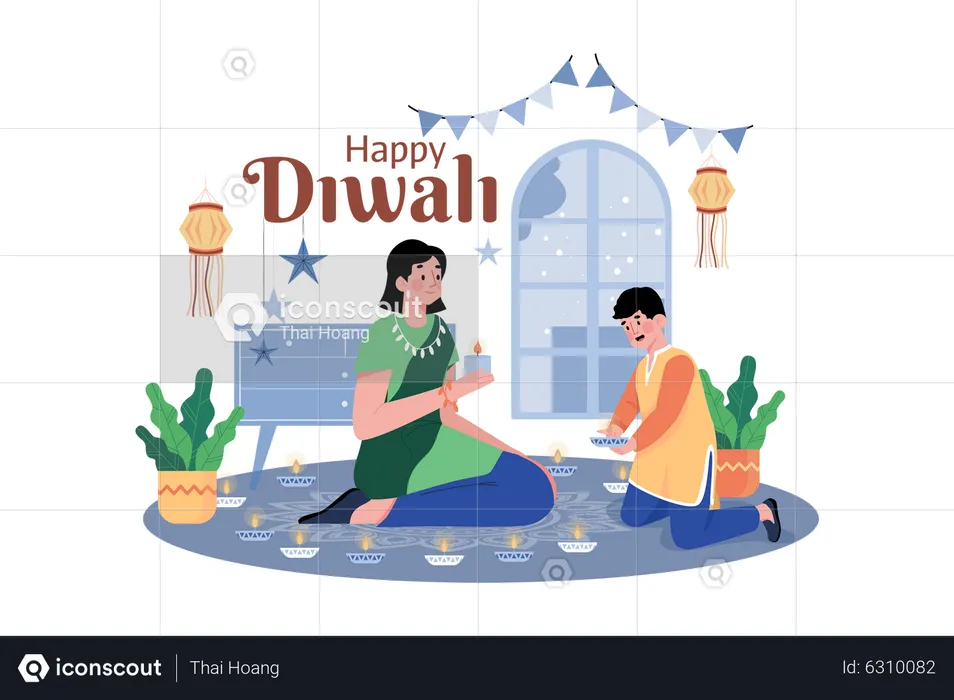 Familie hält Diya während Diwali  Illustration