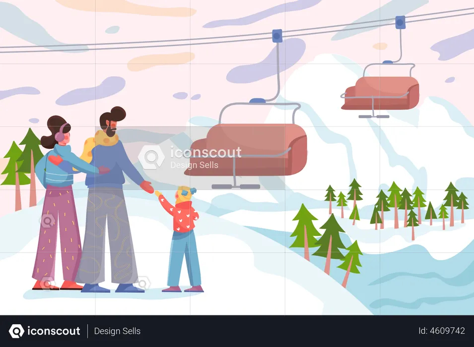 Familie im Skigebiet  Illustration