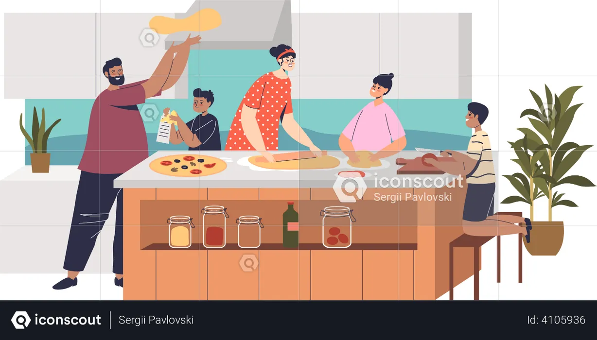 Familie kocht gemeinsam Pizza in der Küche  Illustration