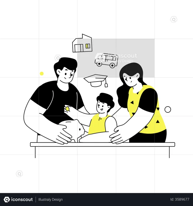 Familie spart Geld für zukünftige Bedürfnisse  Illustration