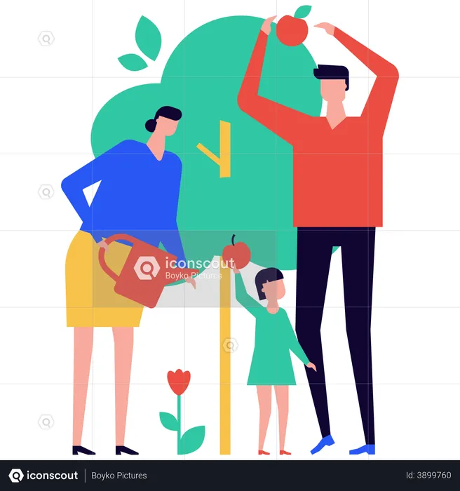 Familie verbrachte Zeit mit Gartenarbeit  Illustration