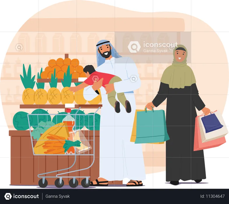 Famille arabe avec un enfant en bas âge faisant ses courses au supermarché  Illustration