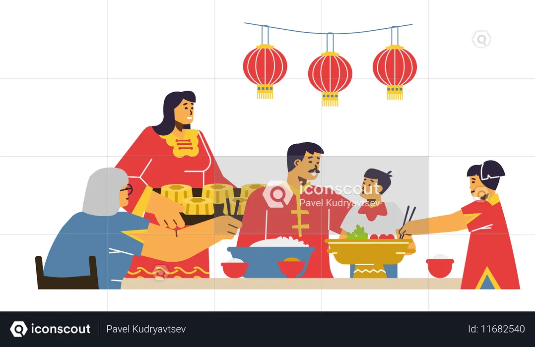 Une famille chinoise heureuse célèbre la fête de la mi-automne  Illustration