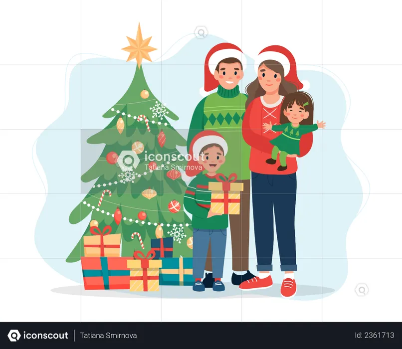 Famille debout près de l'arbre de Noël  Illustration