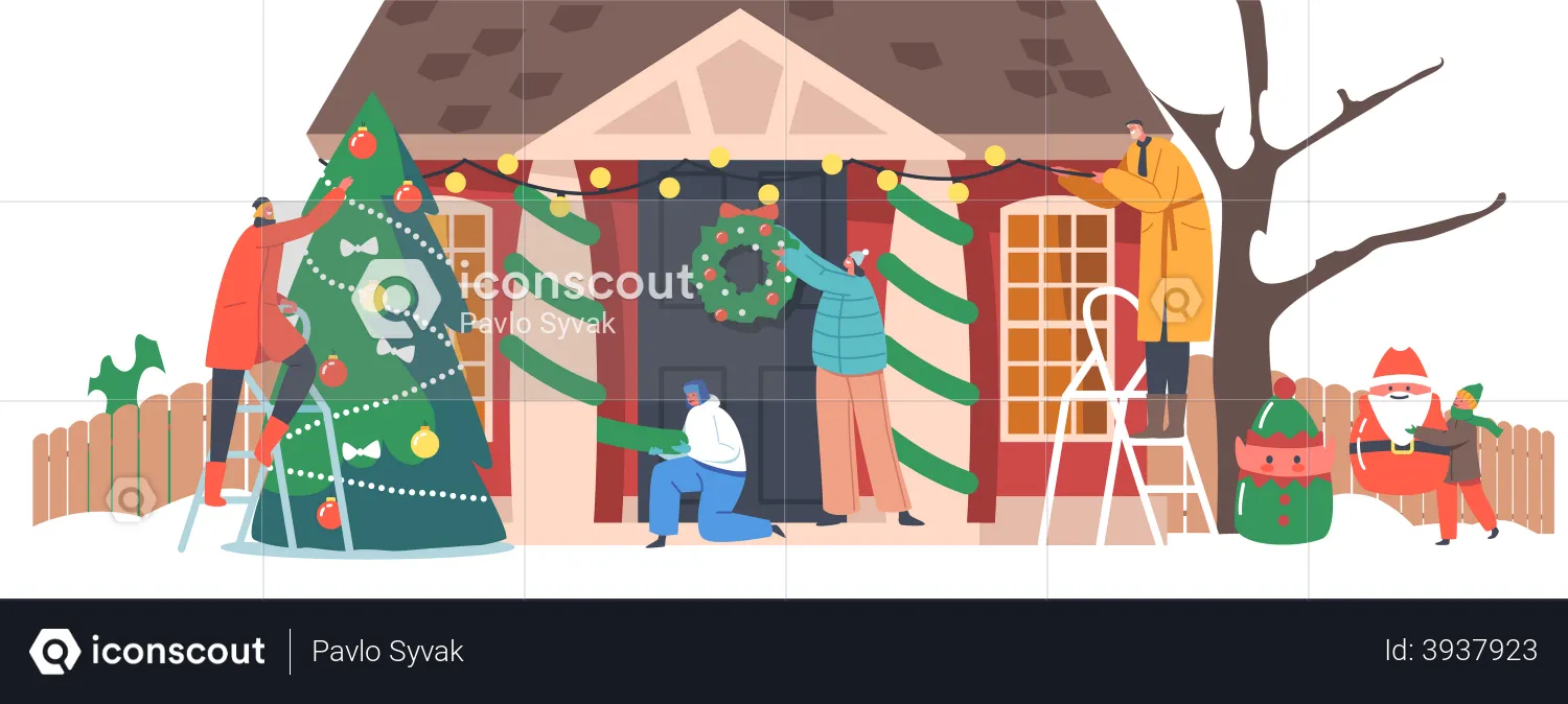 Famille décorer la maison pour Noël  Illustration