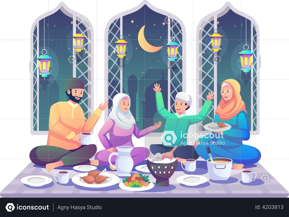 Famille faisant le dîner du Ramazan ensemble  Illustration