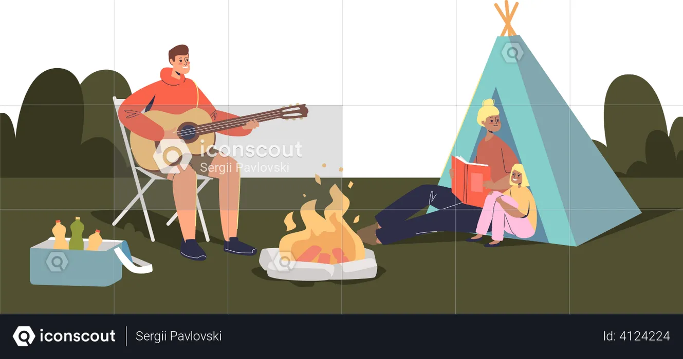 Famille heureuse campant ensemble : parents et enfants assis autour d'un feu de camp et d'une tente  Illustration