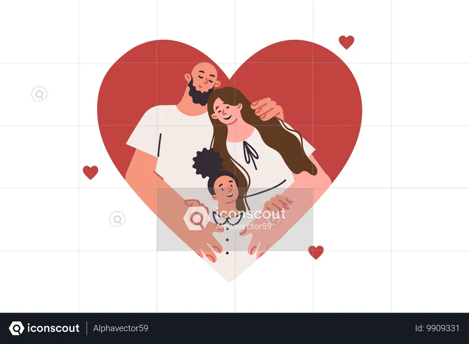 Famille heureuse de parents et petite fille embrassant située dans un grand coeur  Illustration