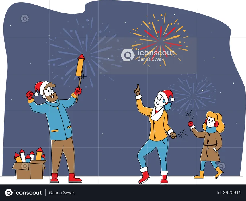 Famille heureuse, profitant des feux d'artifice en plein air pour Noël ou le nouvel an  Illustration