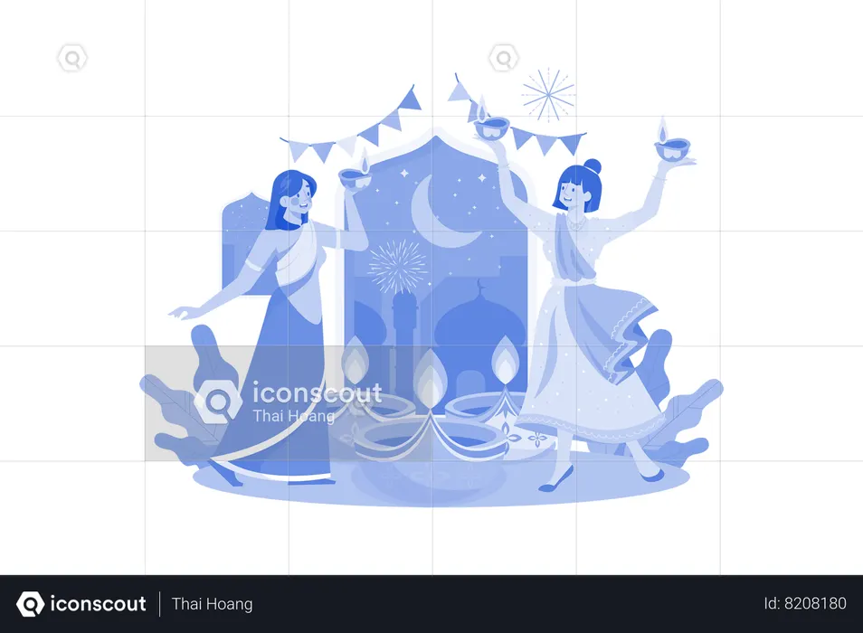 Famille indienne célébrant le festival de Diwali  Illustration