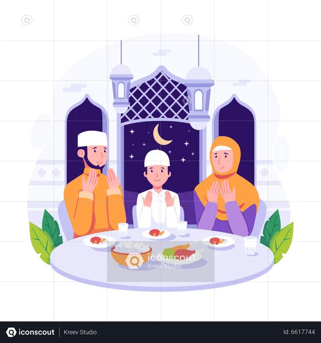 Famille islamique priant avant de manger de la nourriture Iftar  Illustration