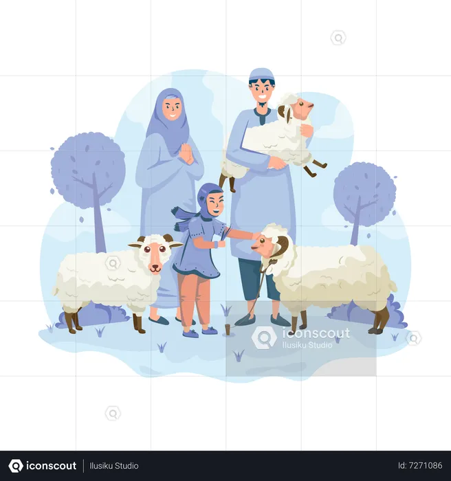 Famille musulmane avec leurs moutons  Illustration