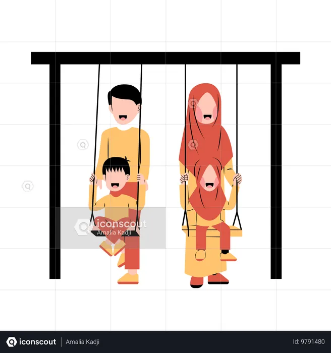 Famille musulmane jouant sur des balançoires  Illustration