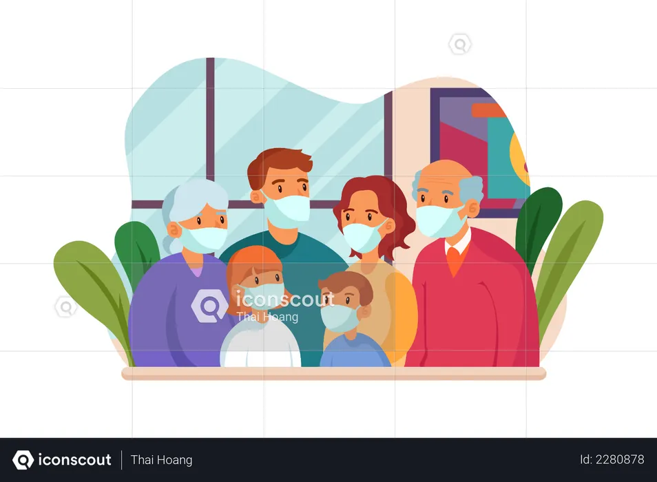 Famille portant un masque debout ensemble  Illustration