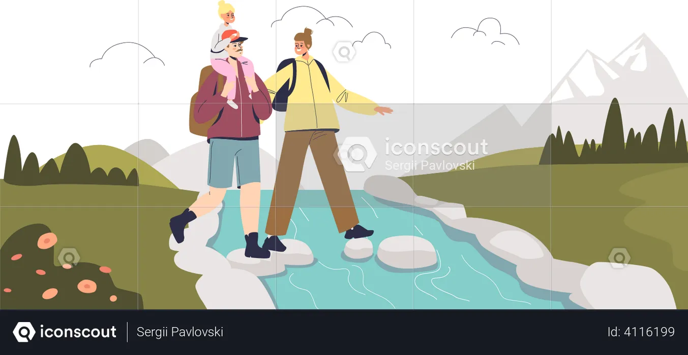 Family at hiking spot  Illustration