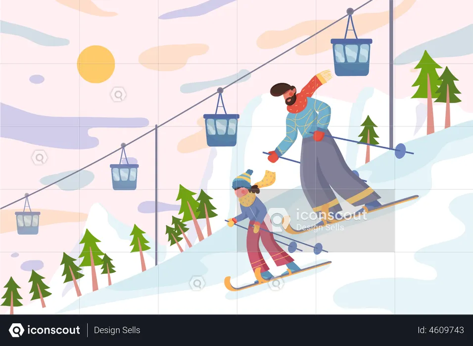 Family at ski resort at winter  Illustration