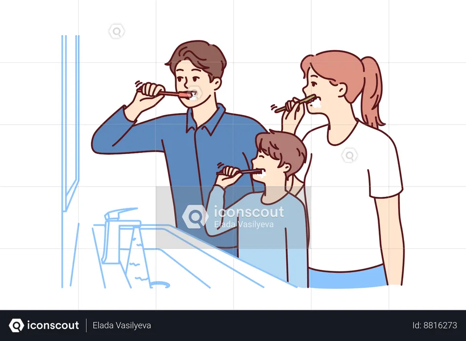 Family brushes their teeth together  Illustration