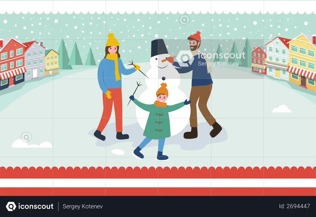 Family Building Snowman in Winter  Illustration