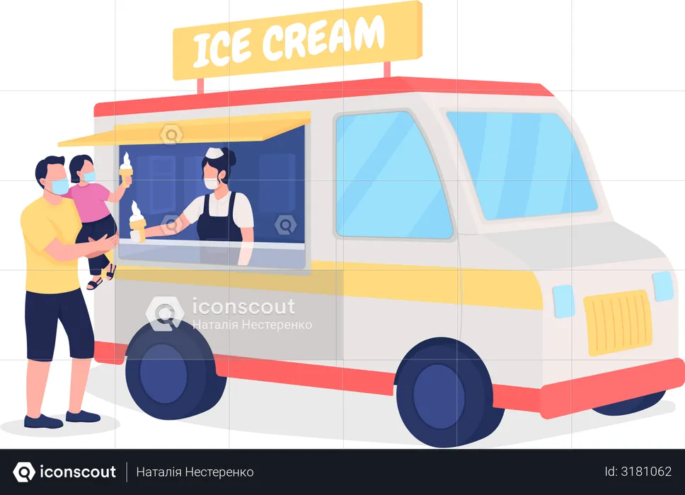 Family buying ice cream from truck  Illustration
