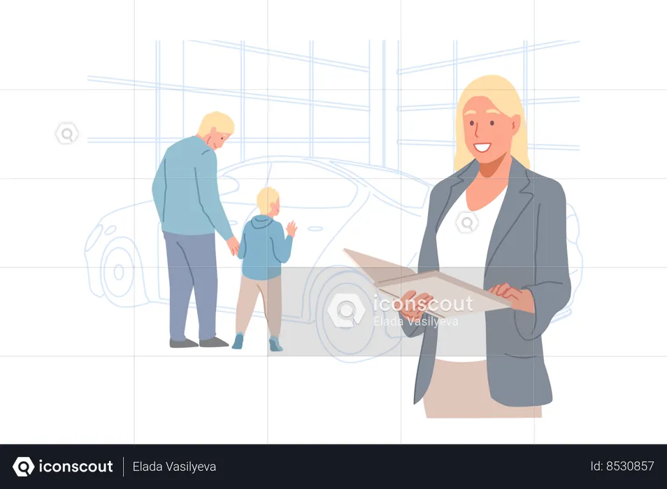 Family came to buy new car  Illustration
