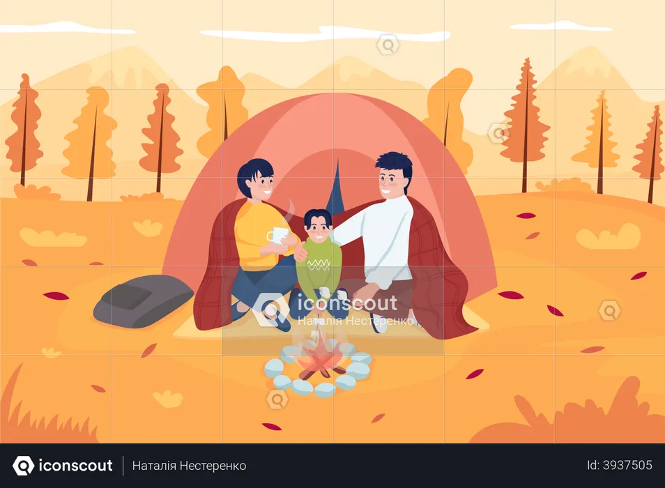 Family camping during fall  Illustration