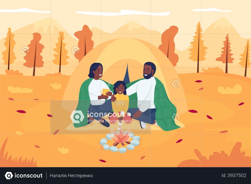 Family camping in autumn  Illustration