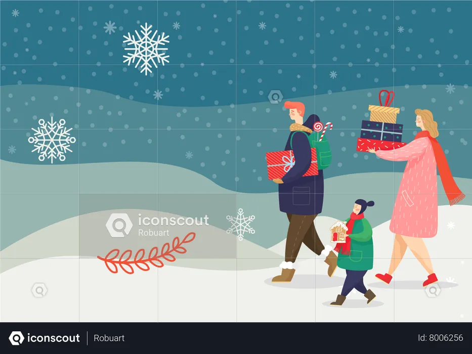 Family Carrying Presents  Illustration
