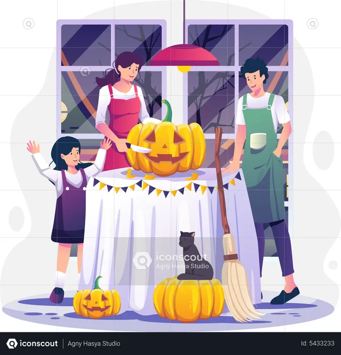 Family carving pumpkins at home preparing for Halloween  Illustration