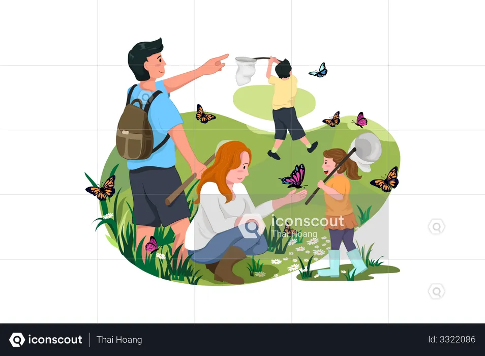 Family Catching Butterflies  Illustration