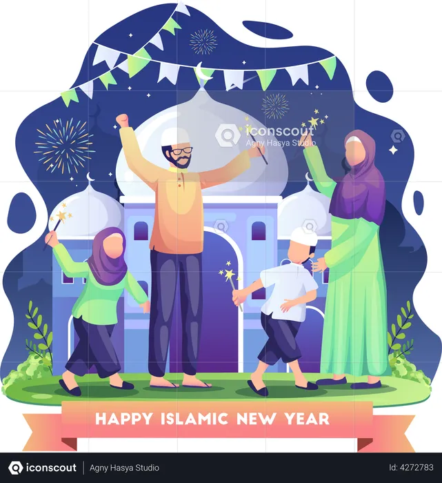 Family celebrates Islamic new year by fireworks at night  Illustration