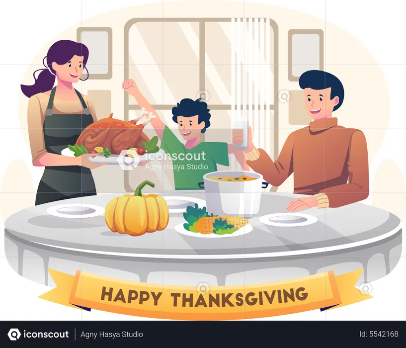 Family celebrates Thanksgiving by having Dinner together  Illustration