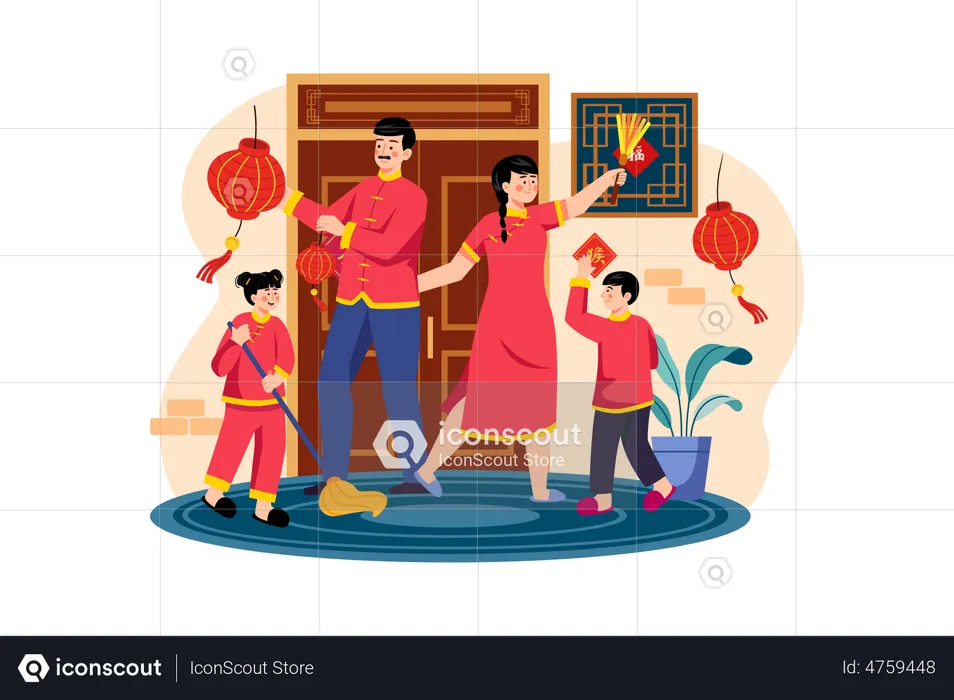 Family celebrating Chinese new year together  Illustration