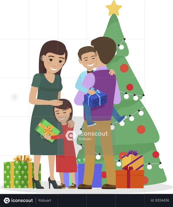 Family Celebrating Christmas at Home by Pine Tree  Illustration