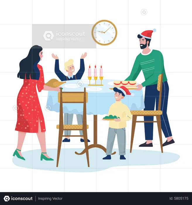 Family celebrating Christmas with cake cutting  Illustration