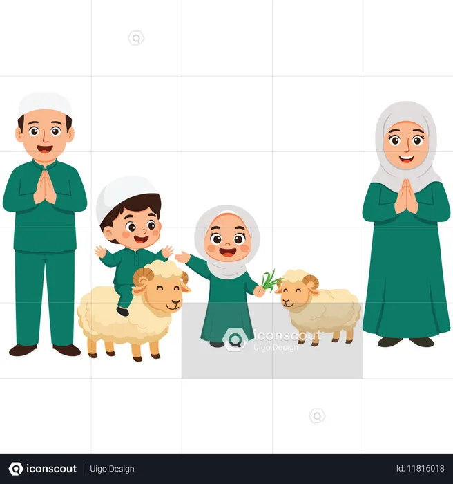 Family Celebrating Eid Al-Adha with sheep  Illustration