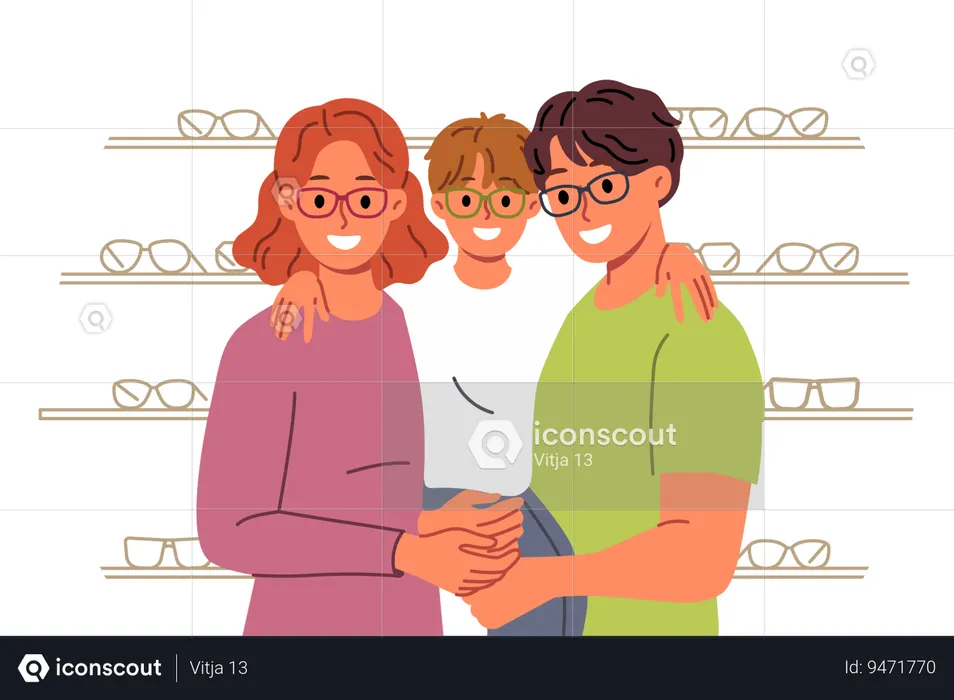 Family chooses new glasses for son standing in ophthalmological store with happy boy in arms  Illustration