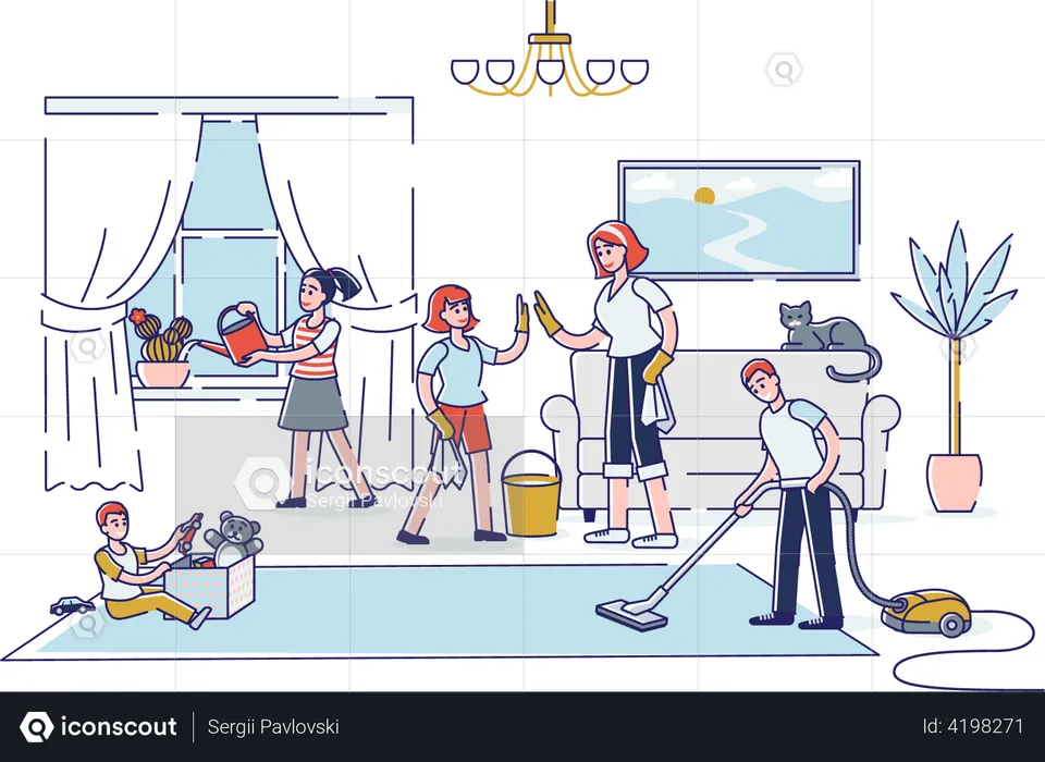 Family cleaning home together  Illustration