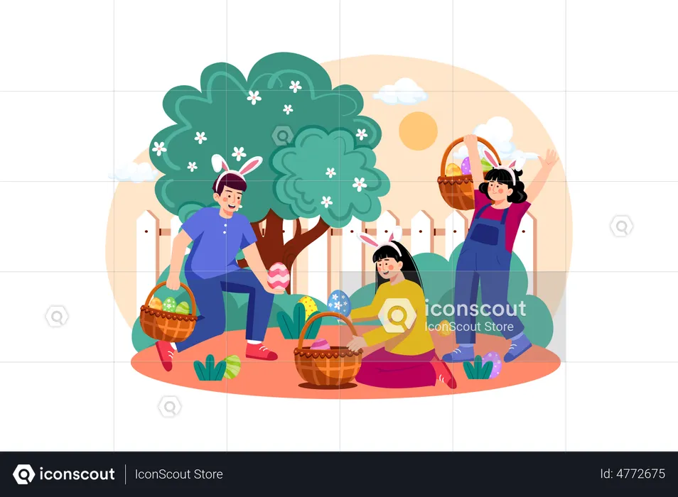 Family collecting Easter eggs together  Illustration