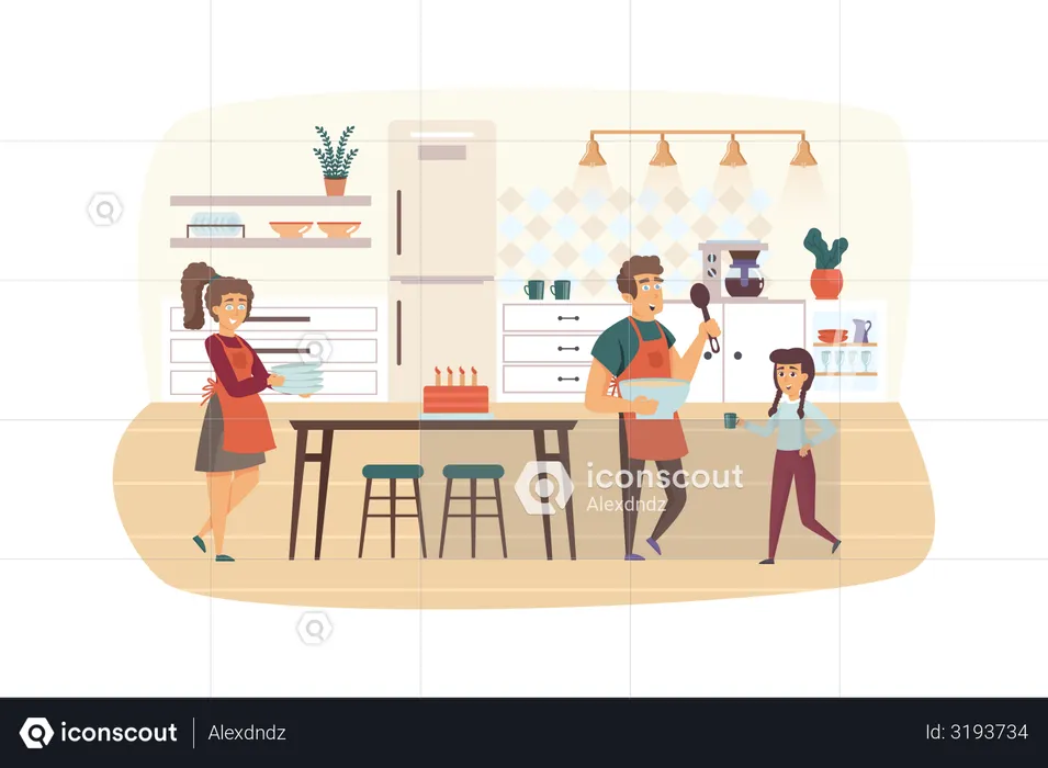 Family cooking breakfast or holiday dinner in kitchen  Illustration