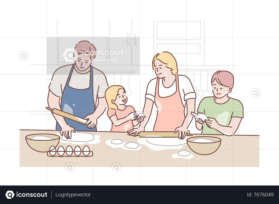 Family cooking in kitchen togheter  Illustration